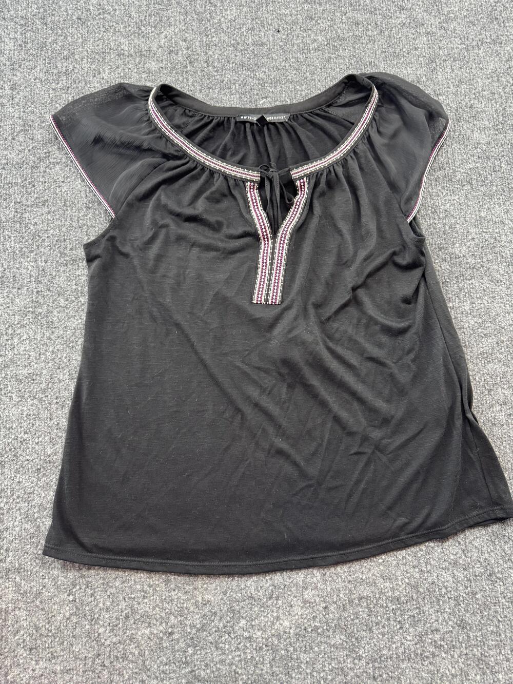 White House Black Market Shirt Womens Medium Black Embroidered Flutter Sleeve